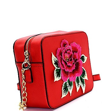 S039-LPF Flower Embroidery Saffiano Boxy Cross Body