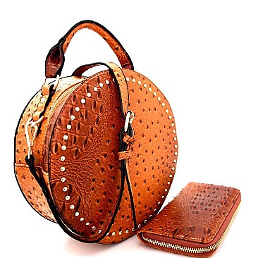 [S]S0514-LP Ostrich Embossed Stud Accent Round Satchel Wallet SET