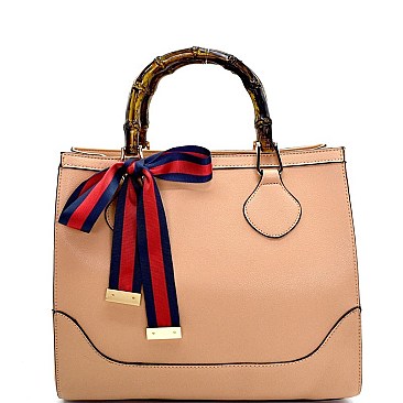 S0520-LP Color Block Bow Accent Bamboo Handle Satchel