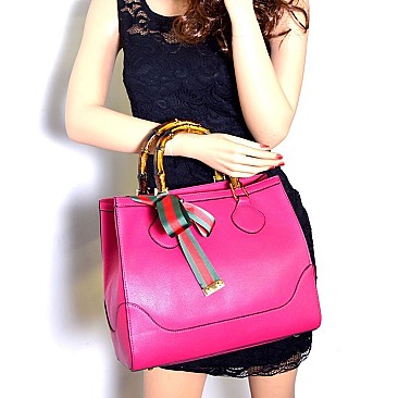 S0520-LP Color Block Bow Accent Bamboo Handle Satchel