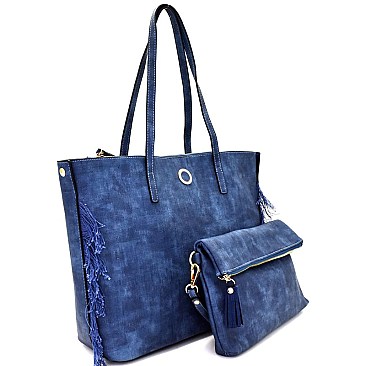 [S]S0528-LP Frayed Side Detail 2 in 1 Shopper Tote SET with Clutch