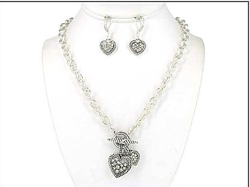 Antique Silver Tone Heart Design Rhinestone Necklace Set