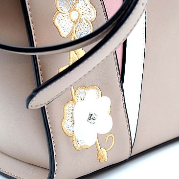 S87158-LP Flower Embroidery Colorblock Flap Cross Body