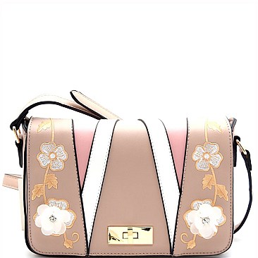 S87158-LP Flower Embroidery Colorblock Flap Cross Body