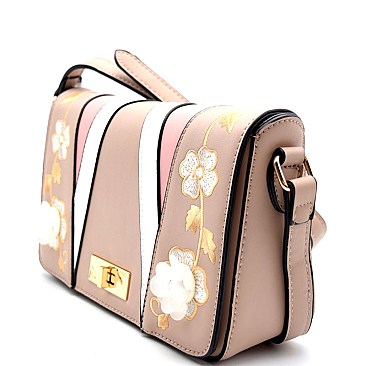 S87158-LP Flower Embroidery Colorblock Flap Cross Body