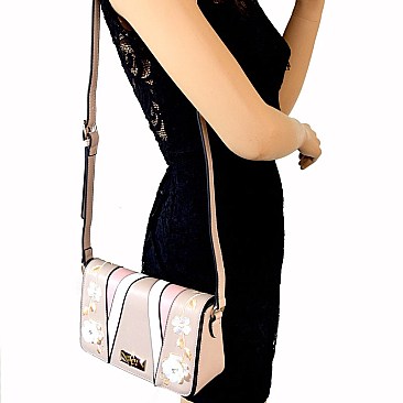 S87158-LP Flower Embroidery Colorblock Flap Cross Body