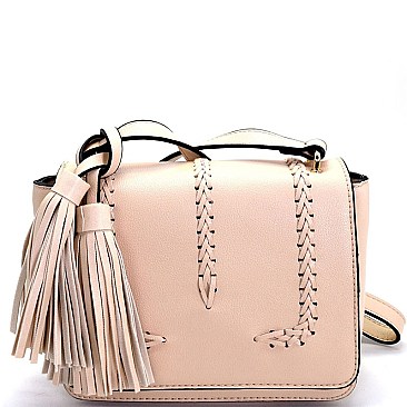 S87182-LP Tassel Accent Woven Detail Flap Cross Body