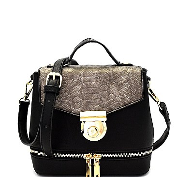 S87278-LP Two-Tone Snake Embossed Flap Medium Satchel