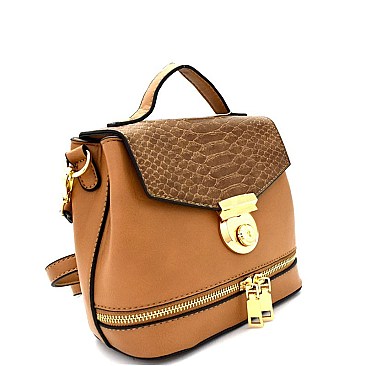 S87278-LP Two-Tone Snake Embossed Flap Medium Satchel