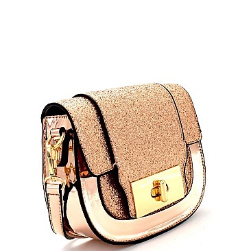 S87323-LP Glittered Flap Metallic Saddle Bag