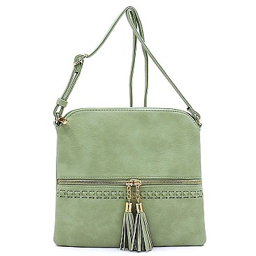 Weaved Whipstitch Tassel Zipper Crossbody Bag