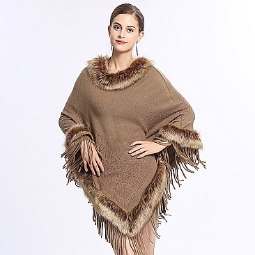 Fringed Large Fur Shawl Wool Cape With Faux Fur