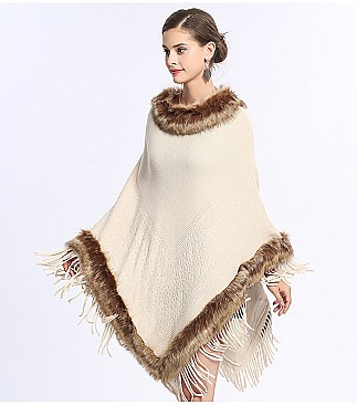 Fringed Large Fur Shawl Wool Cape With Faux Fur