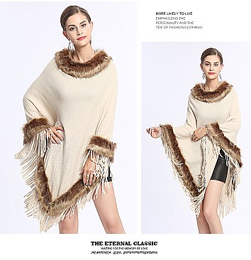 Fringed Large Fur Shawl Wool Cape With Faux Fur