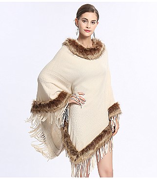 Fringed Large Fur Shawl Wool Cape With Faux Fur