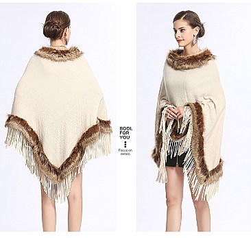 Fringed Large Fur Shawl Wool Cape With Faux Fur