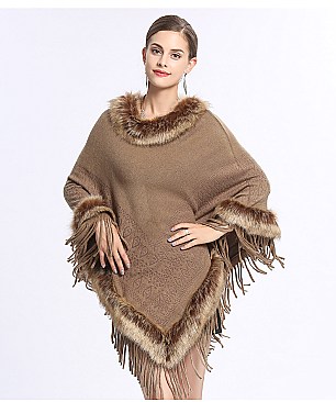 Fringed Large Fur Shawl Wool Cape With Faux Fur