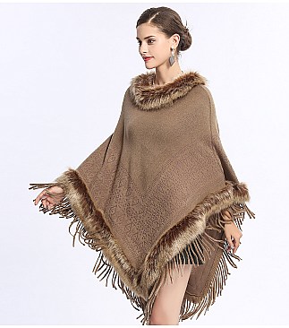 Fringed Large Fur Shawl Wool Cape With Faux Fur