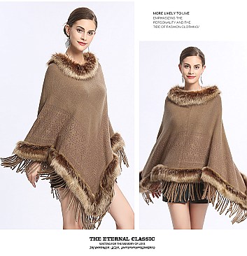 Fringed Large Fur Shawl Wool Cape With Faux Fur