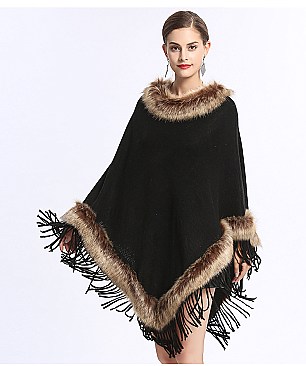 Fringed Large Fur Shawl Wool Cape With Faux Fur