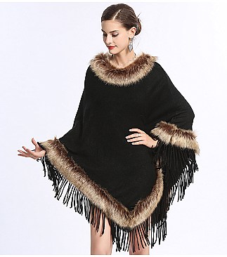 Fringed Large Fur Shawl Wool Cape With Faux Fur