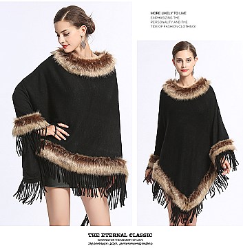 Fringed Large Fur Shawl Wool Cape With Faux Fur