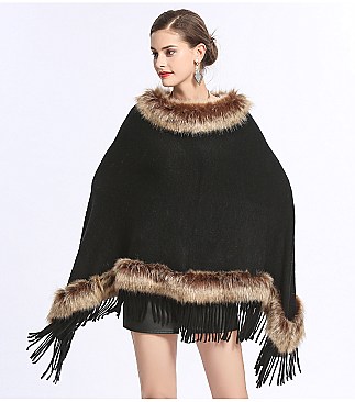 Fringed Large Fur Shawl Wool Cape With Faux Fur