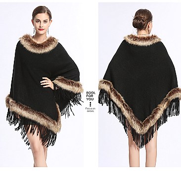 Fringed Large Fur Shawl Wool Cape With Faux Fur