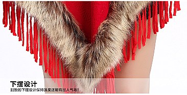 Fringed Large Fur Shawl Wool Cape With Faux Fur