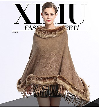 Fringed Large Fur Shawl Wool Cape With Faux Fur