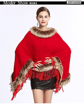 Fringed Large Fur Shawl Wool Cape With Faux Fur