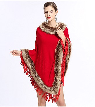 Fringed Large Fur Shawl Wool Cape With Faux Fur