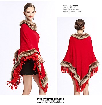 Fringed Large Fur Shawl Wool Cape With Faux Fur