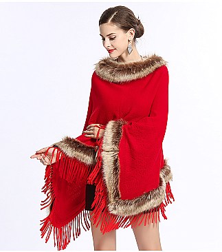 Fringed Large Fur Shawl Wool Cape With Faux Fur