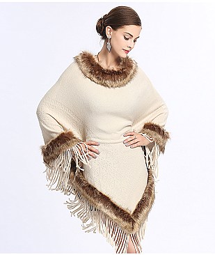 Fringed Large Fur Shawl Wool Cape With Faux Fur