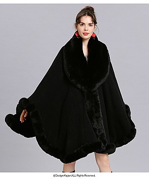 Winter Warm Poncho Cashmere Shawl Cape With Fur