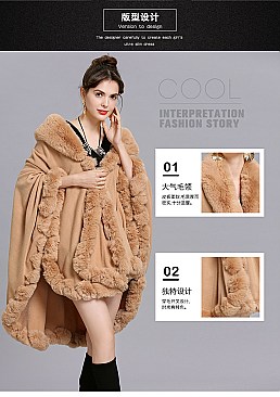 Winter Warm Poncho Cashmere Shawl Cape With Fur