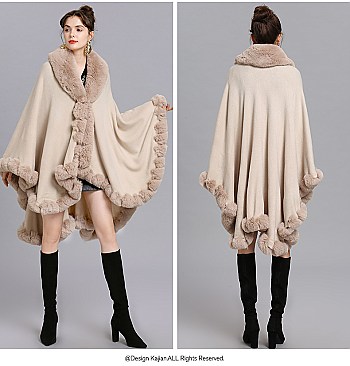 Winter Warm Poncho Cashmere Shawl Cape With Fur