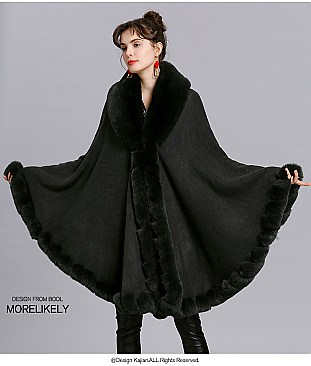 Winter Warm Poncho Cashmere Shawl Cape With Fur