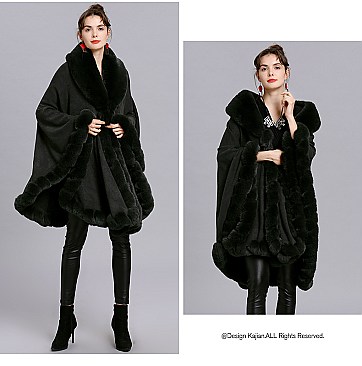 Winter Warm Poncho Cashmere Shawl Cape With Fur