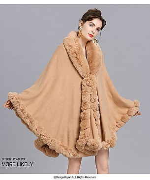 Winter Warm Poncho Cashmere Shawl Cape With Fur