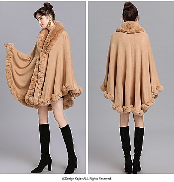 Winter Warm Poncho Cashmere Shawl Cape With Fur