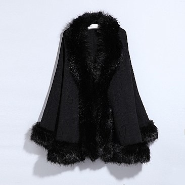 Cashmere Cape All Over Faux Fur Trim