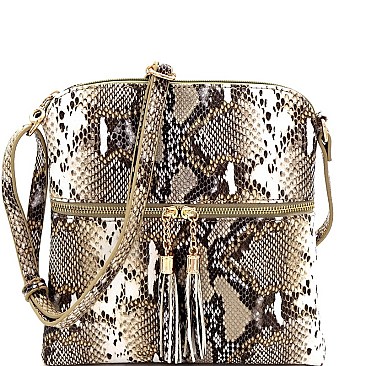 TASSEL ACCENT SNAKE PRINT CROSS BODY MESSENGER