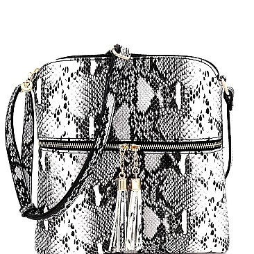 TASSEL ACCENT SNAKE PRINT CROSS BODY MESSENGER