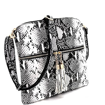 TASSEL ACCENT SNAKE PRINT CROSS BODY MESSENGER