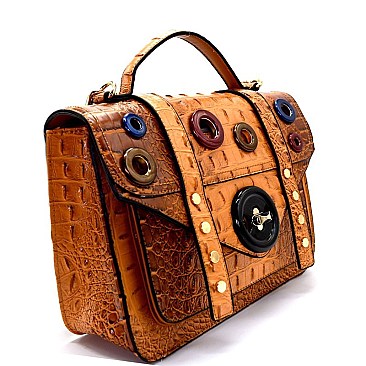 SN3745-LP Grommet Accent Crocodile Embossed Flap Satchel