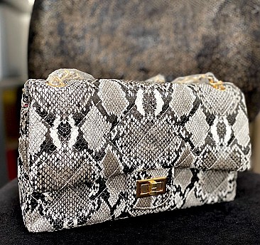 Snake Print Turn-Lock Flap Shoulder Bag