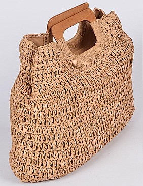 Wooden Handle Straw Summer Handag