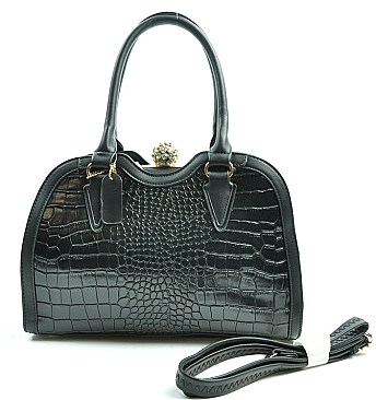 Jewel Top Rhinestone Metal Framed Alligator Satchel - Designer Like